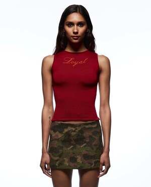 *Tank Air* Red Merino Wool Blend Embroidered 'Loyal' Tank Top